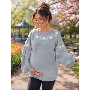 Isabel Maternity by Ingrid & Isabel Floral Embroidered Yoke Sweatshirt Grey M